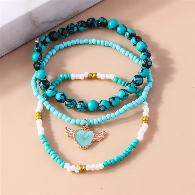 Bohemia Multilayer Colorful Beaded Bracelets Set For Women Heart Shell Flower Butterfly Charms Bracelet Summer Jewelry Gifts