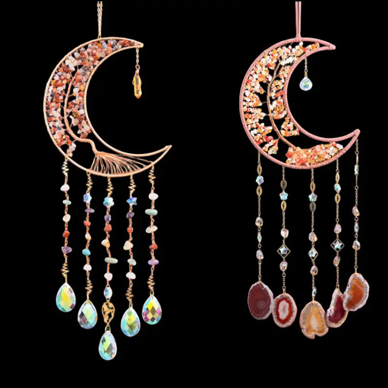 Crystals Gravel Agate Stones Tree of Life Hanging Ornaments for Home Natural Gemstone Moon Suncatcher Room Reiki Decoration