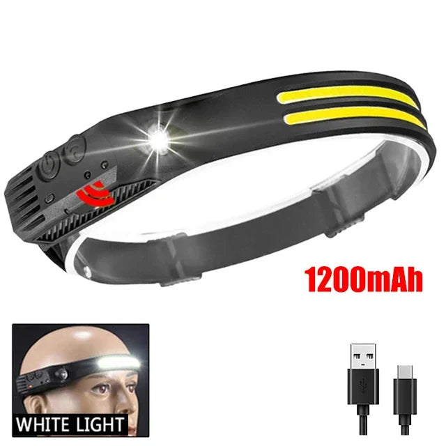 Hemasa COB LED Headlamp Induction Head Lamp Built-in Battery USB Rechargeable Head Flashlight Outdoor Camping Fishing Sensor Headlight
