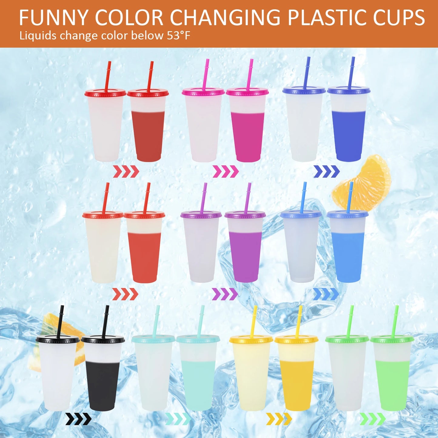 Tejesa  10Pcs Color Changing Cup Food Grade Plastic Straw Tumbler with Lid Straw 710ml Large Capacity Cold Drinking Cup Fashion Watercup