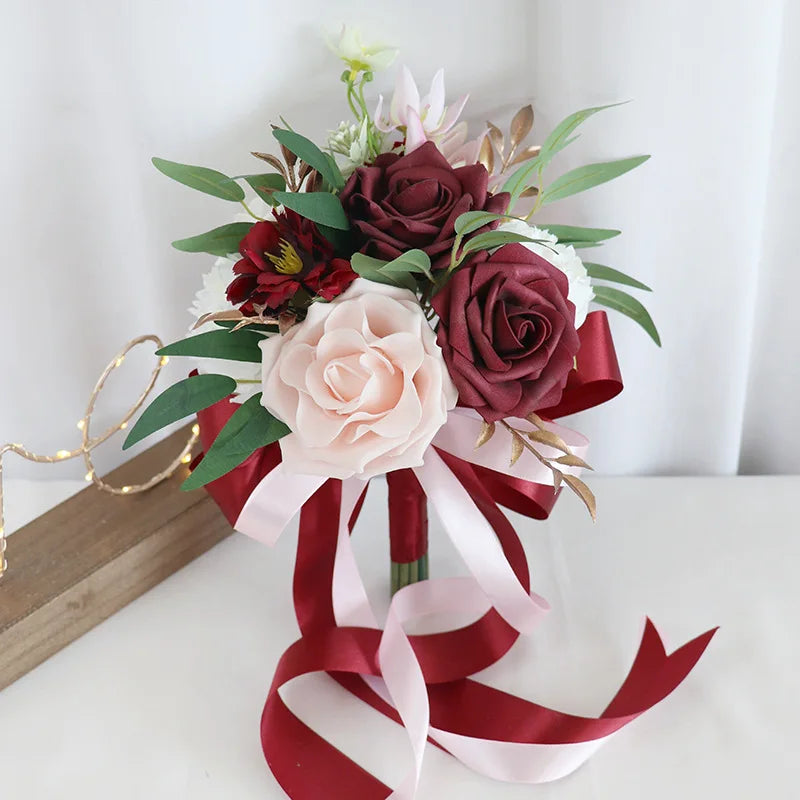 Tejesa Terracotta Bride Bridesmaid Bouquets 7 inch Artificial Rose Flower Tossing Bouquet for Fall Wedding Ceremony Decor