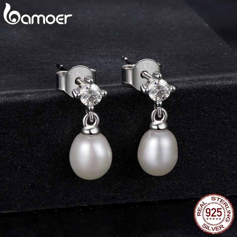 BAMOER White Gold Plated Moissanite Freshwater Pearl Earrings for Women, 925 Sterling Silver Elegant Stud Huggies Christmas Gift