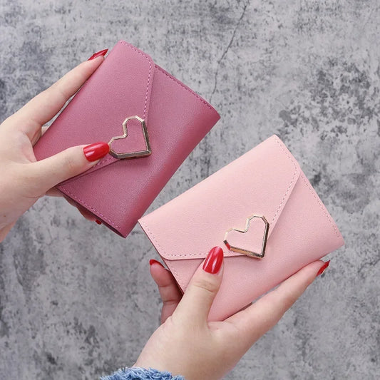 Women Heart Short Small Wallet PU Leather Folding Multi Function Clutch Bag Small Purse Female Hasp Card Holder Coin Purses