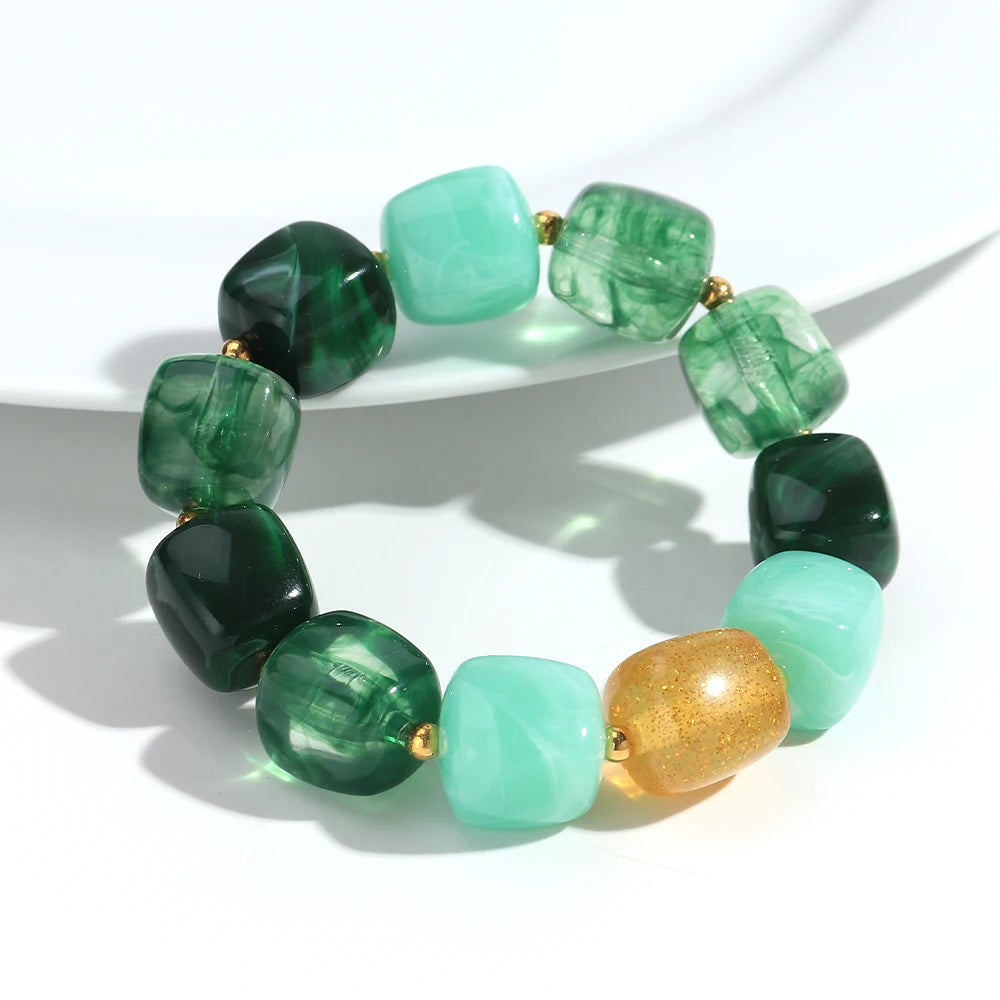 New Multicolor Acrylic Geometric Bead Bracelet for Women Trendy Resin Irregular Square Elastic Bracelets Handmade Jewelry Gift