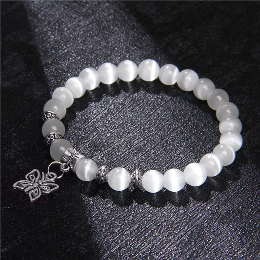 Butterfly Charm White Cat Eye Stone Bracelets For Women Men Crown Swan Elephant Pendant Moonstone Beads Bracelet Fashion Jewelry