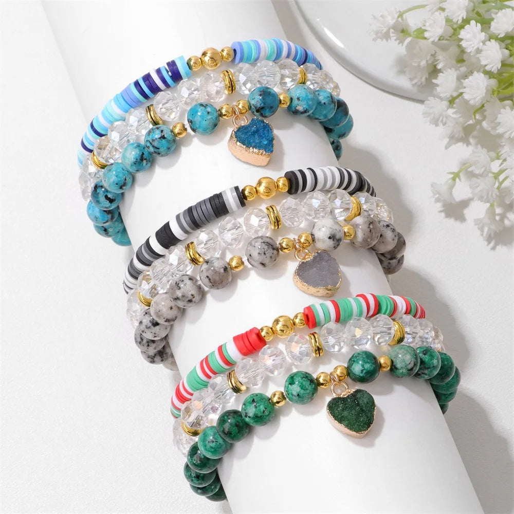 3Pcs/Set Bohemia Colorful Stone Bracelets Faceted Quartzs Crystals Beaded Bracelet Heishi Polymer Clay Beads Bracelet Men Women