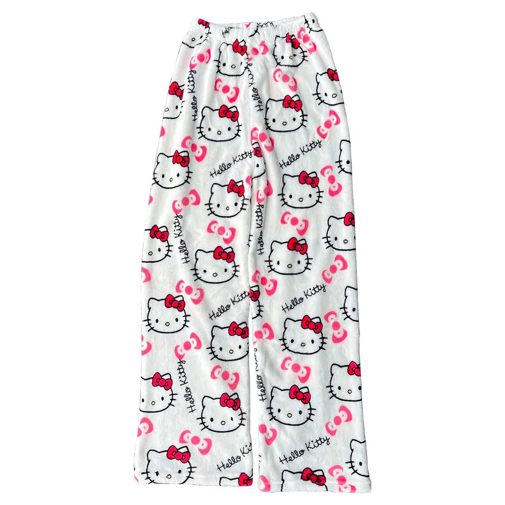 Hemasa  Hello Kitty Flannel Pajamas Black Women'S Warm Woolen Cartoon Casual Home Pants In Autumn Winter Fashion Trousers