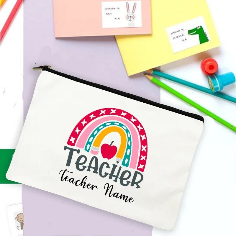 Rainbow Teacher Print Custom Name Personalized Supplies Storage Bags Travel Wash Pouch Makeup Bag Gifts Stationery Pencil Case