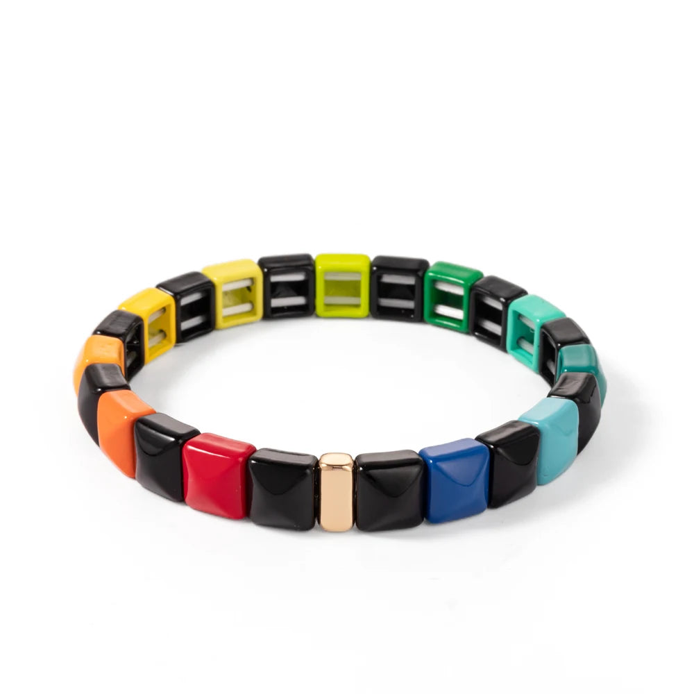 Tejesa Colorful Enamel Square Shape Rhombus Faced Bohemain Geometric Elastic Bracelets For Women
