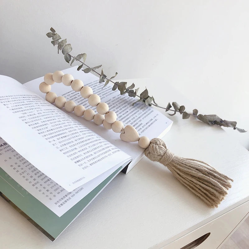 1Pc Log Color Wood Bead Garland Rustic Wall Hanging Hemp Rope Tassel Beaded with Heart Knot Woven Pendant Home Decoration 2023