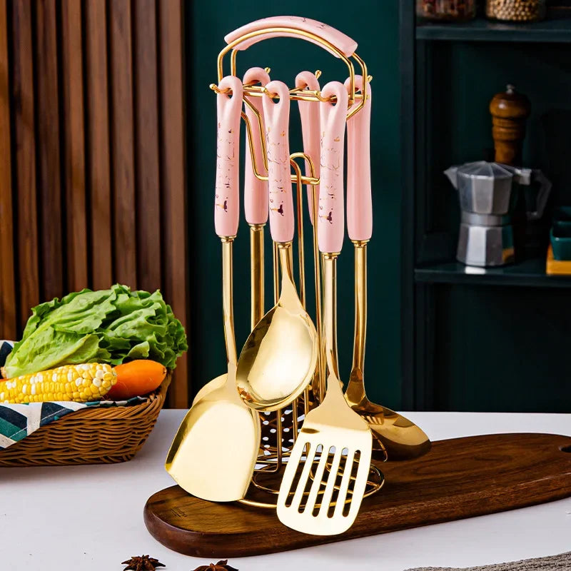 Hemasa 7pcs Stainless Steel Spatula Soup Spoon Kitchenware Set Cooking Spatula /Ceramic Handles
