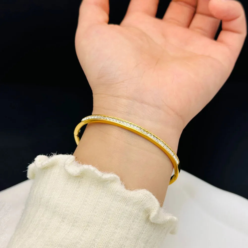 Hemasa Full Zircon Cuff Bracelet for Women ./Gold Color Stainless Steel   Bangle