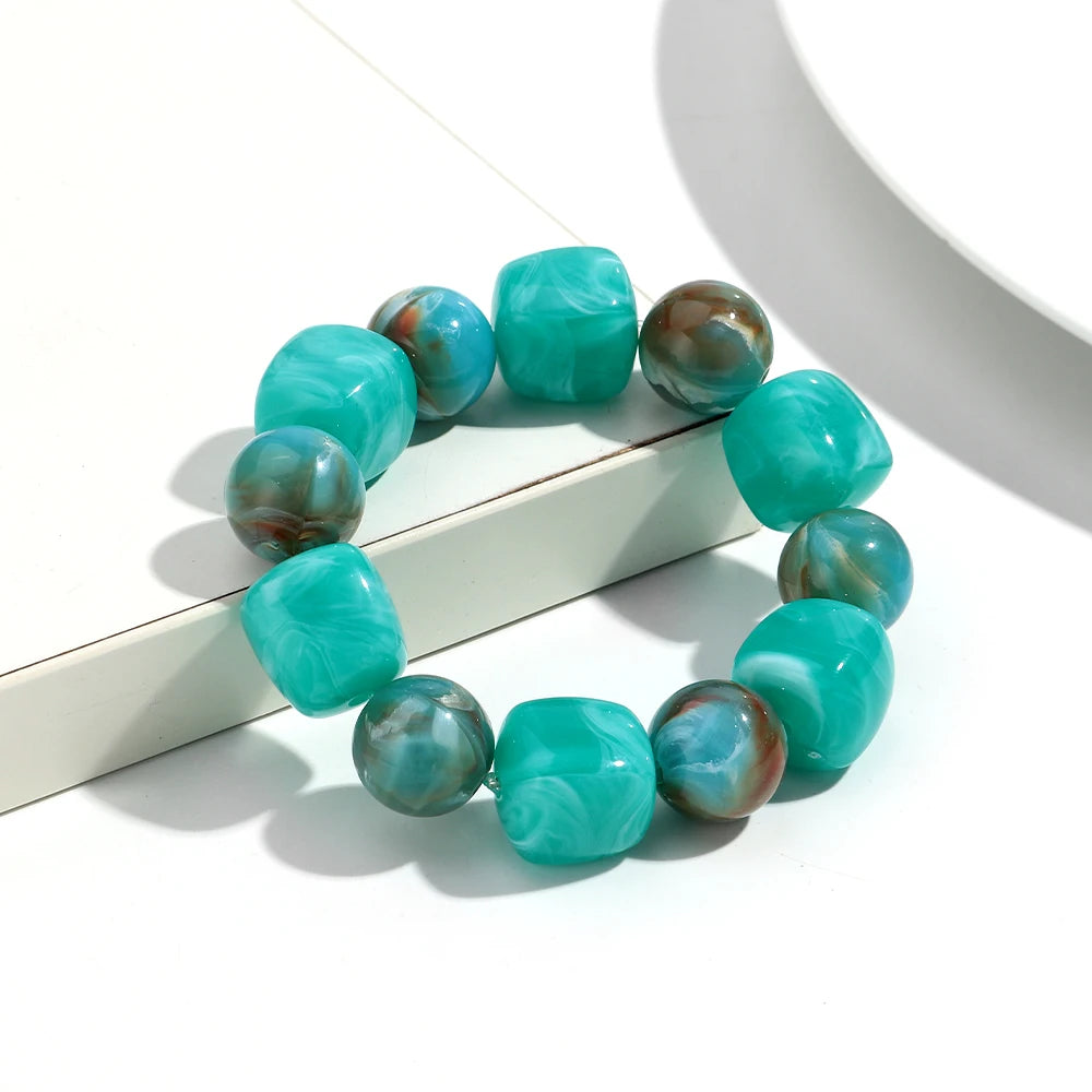 Bohemian Acrylic Geometric Square Round Beads Elastic Bracelets for Women Trendy Resin Beaded Stackable Bracelet Bangle Jewelry