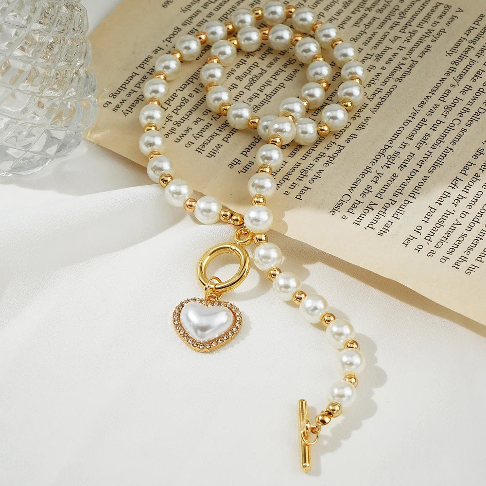 Hemasa Heart Pendant Round Pearl Golden Bead Chain Necklace for Women