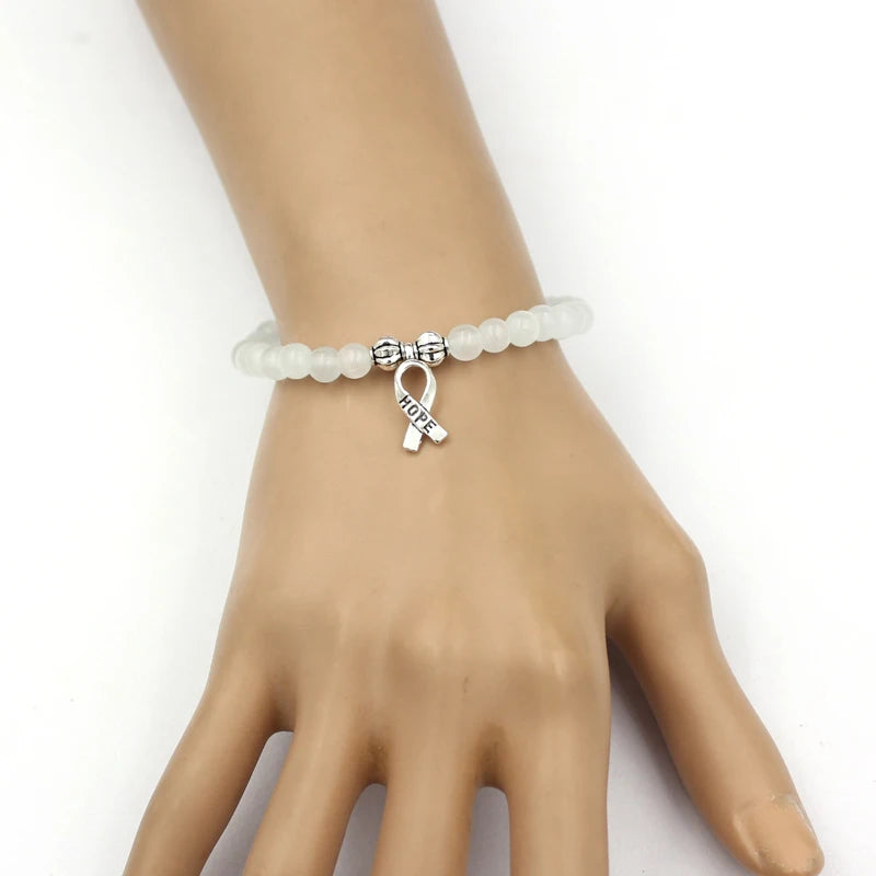 Breast Cancer Jewelry Moonstone Cat Eye Beaded Bracelet Cancer Hope Charm Bracelets Pink Yellow Orange Blue Bangles Pulsera