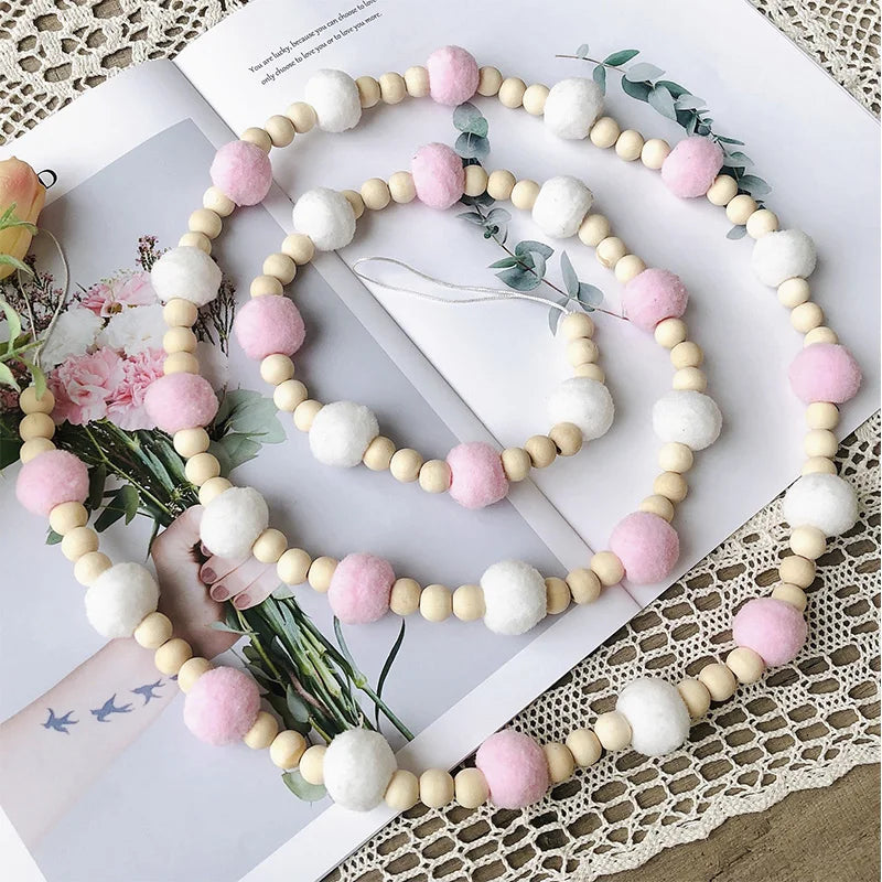 Scandinavian Wood Beads Pompom Ball Garland Wall Hanging String Ornaments Kids Girl Bedroom Nursery Room Baby Shower Decorations