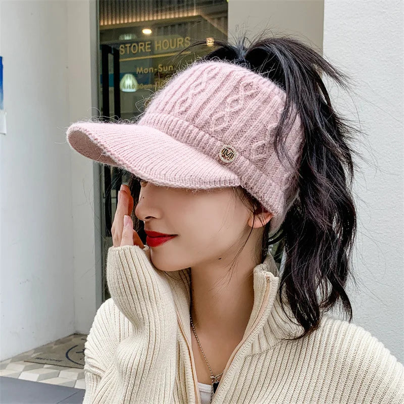 Women's autumn and winter empty top hat knitted rabbit fur and plush thickened warm ear protection duck tongue baseball cap