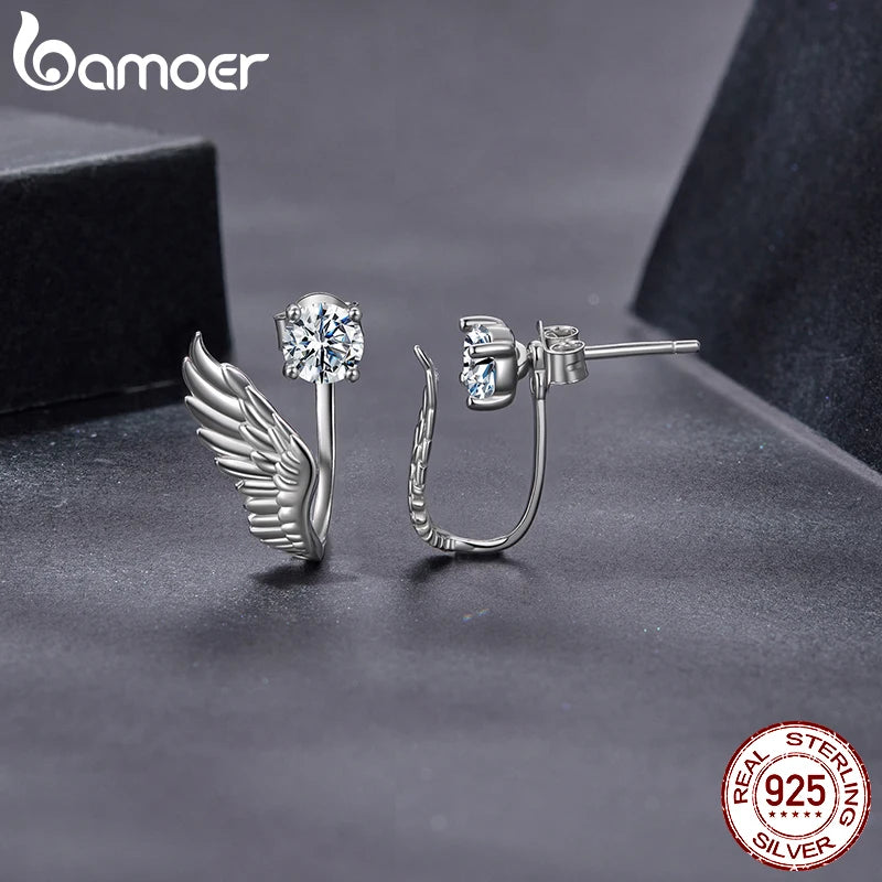 BAMOER 0.5CT Angel Wing Moissanite Stud Earrings, Symmetrical Cartilage Climber Earrings Round Cut Lab Created Diamond for Women