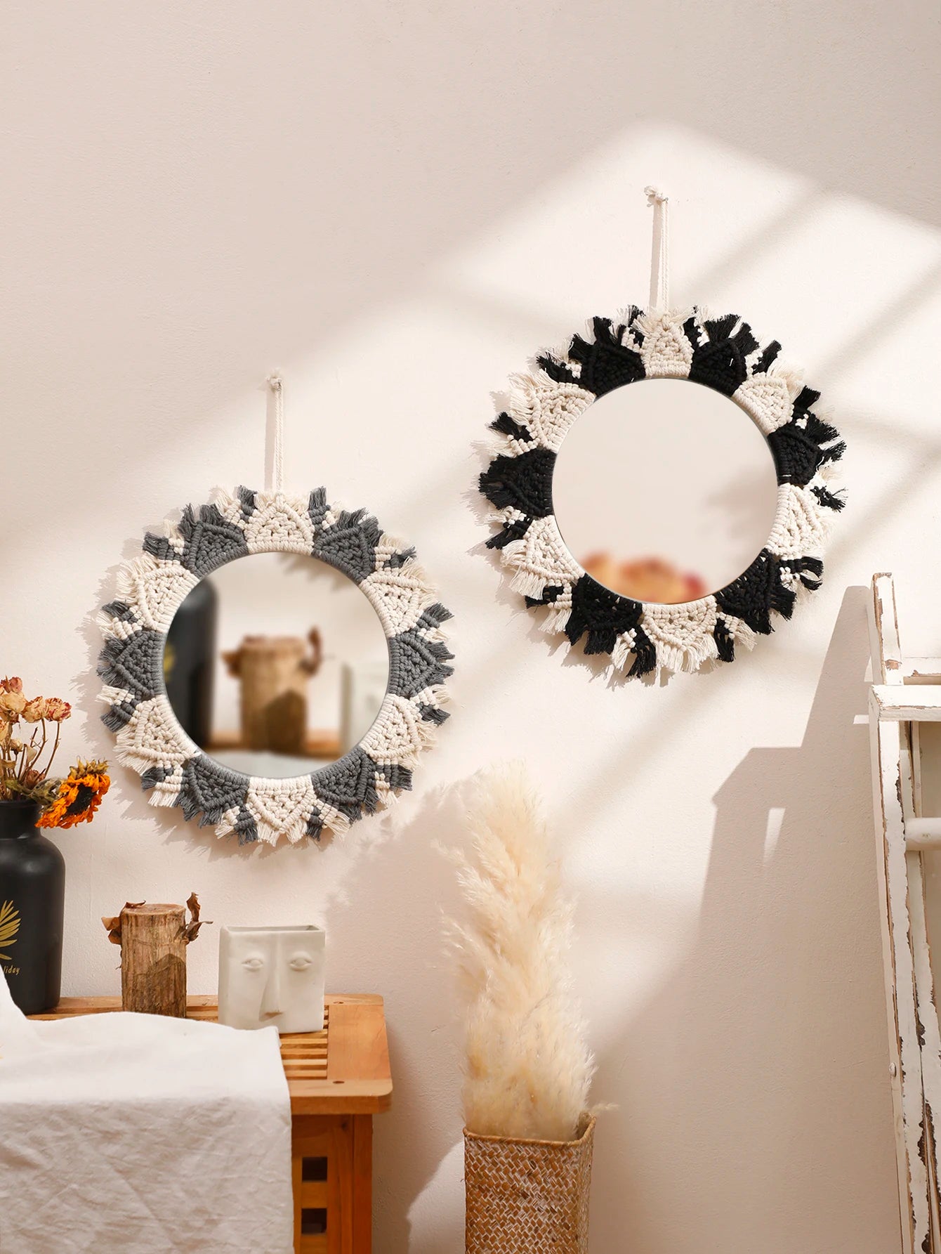 Hemasa Macrame Mirror Black Gray Decorative Mirrors Boho Home Decoration Handmade Wall Decor Bedroom Living Room Decors Aesthetic Gift