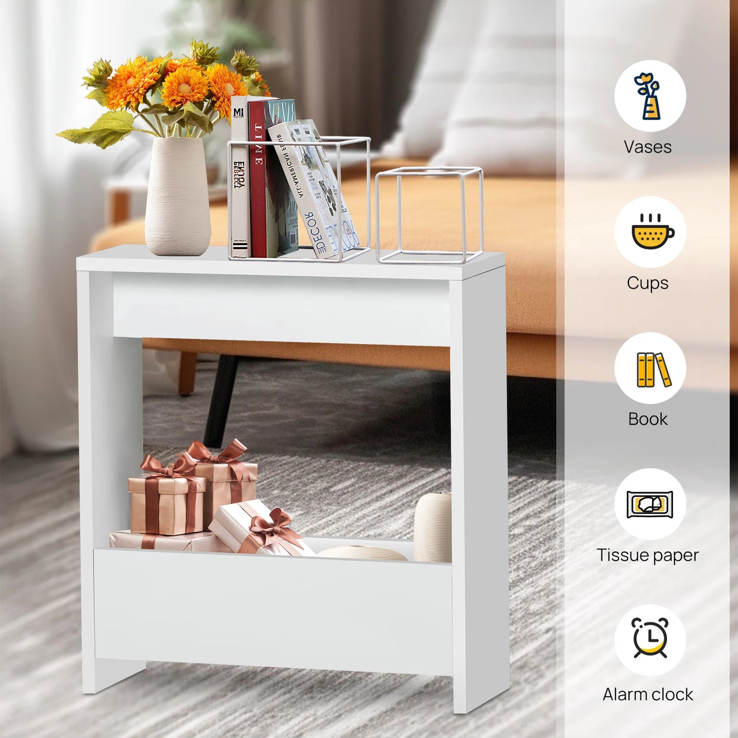 EFAN Side Table Slim End Table for Small Spaces, Narrow Bedside Table with Magazine Rack for Bedroom Living Room , Office, White