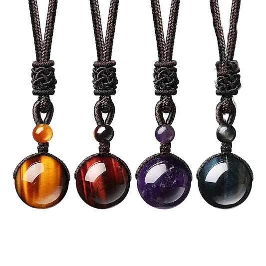 Hemasa 16mm Black Obsidian Tiger Eyes Amethyst Stone Women Men Necklaces with Adjustable Braided Rope Cords Natural Crystal Pendant