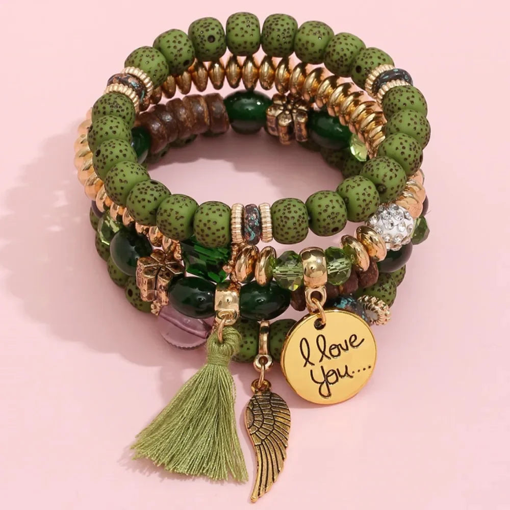 4Pcs Bohemian Beaded Bracelet Set For Women I Love You Letter Round Wing Tassel Charm Elastic Chain Bangle Girls Boho Jewelry