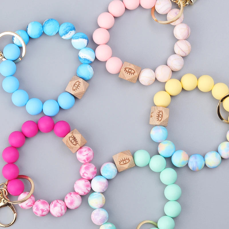 Colored Silicone Bead Bracelet PU Tassel Keychain Wristlet Bracelet Pendant Keychain Woman Man Jewelry Accessories Gifts