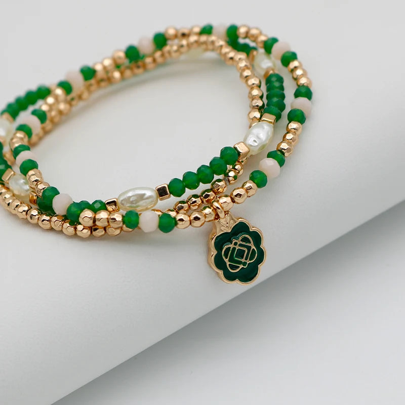 Green Beads Bracelets Set For Women Three Elastic Enamel Charm Fashion Item Cream Mixed Imitation Pearl Jewelry Party Gift C1075