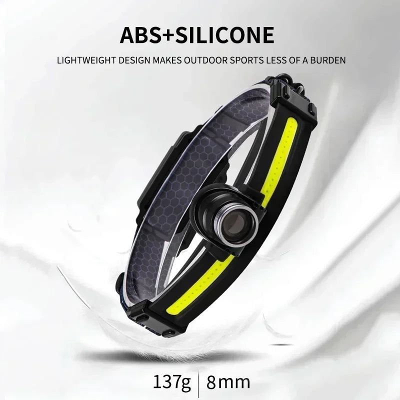 Super Bright XPG+COB Flood Sensing Headlight Type-C Charging Outdoor Zoom Fishing Hiking Lighting Headworn Flashlight