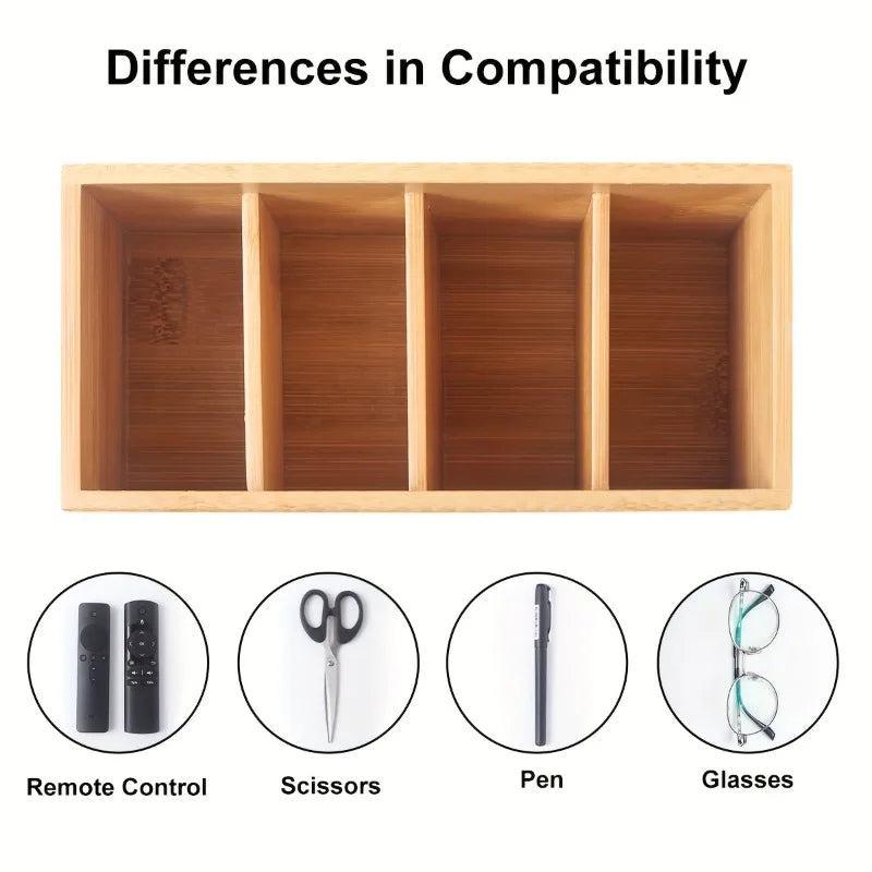 Wooden 4-Slot Remote Control Organizer Box - Desktop Storage for TV AC Remotes and Smartphones
