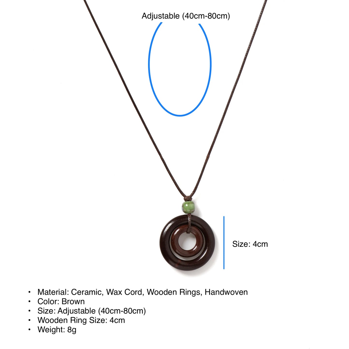 Hemasa Handmade Wooden Circle Ceramic Pendant Necklace Adjustable Cord Unique Bohemian Jewelry for Men and Women 1 Piece S001160