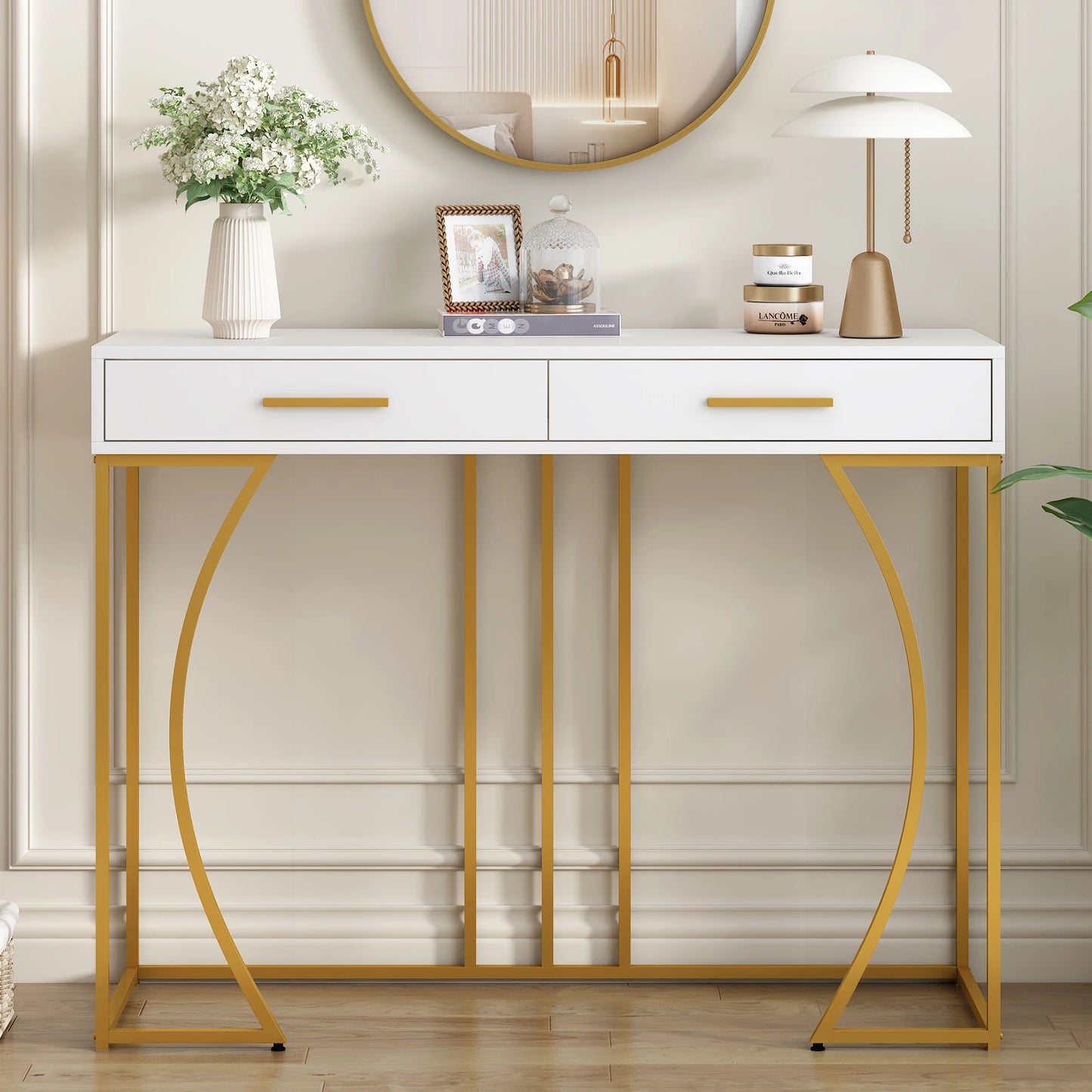 Hemasa Elegant Console Table with 2 Drawers and Metal Frame, White and Gold Finish Lightweight  Side Table for Hallway or Sofa