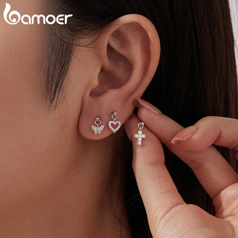 BAMOER 925 Sterling Silver Butterfly Screw-Back Stud Earrings Full Zircons Mini Cross Heart Earrings Hypoallergenic for Women