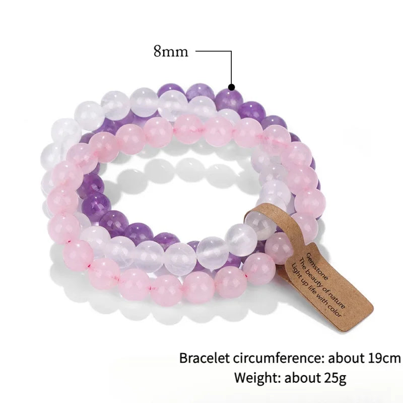 3PCS Natural Stone Bracelet Pink Quartz Citrine Amethyst Turquoise Round Gravel Shape Piece Bead Bracelet Set For Men And Women