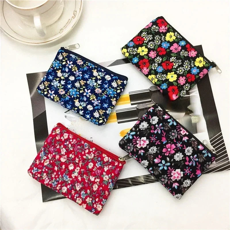Tejesa Canvas Flower Random Mixed Coin Bags Purse/ Square Zipper Small Storage Bags/ Clutch Pouch Keys Earphone ID Credit Card Holder Bags