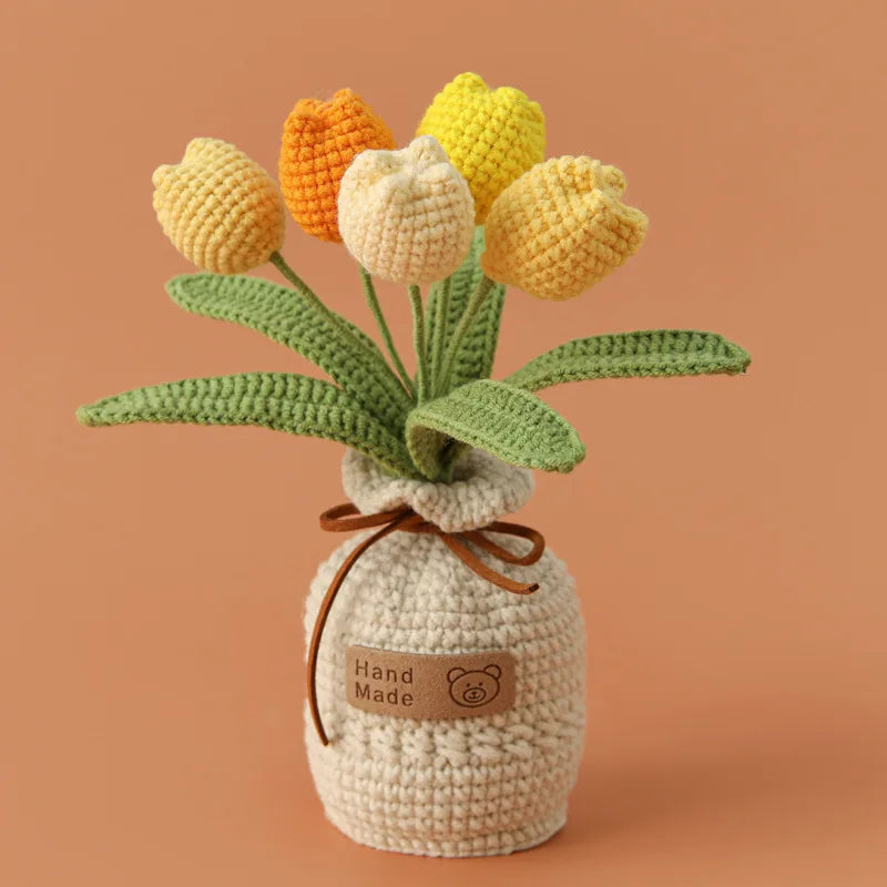 Hemasa Tulips Crochet Flowers with Kintted Potted Sunflowers /Handwoven Plant