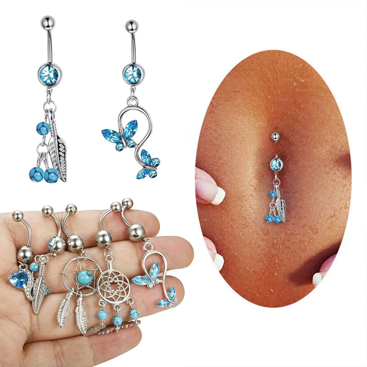 Stainless Steel Internal Thread Navel Piercing Dangle Body Piercing Sexy Belly Button Rings Blue Zircon Navel Rings Jewelry