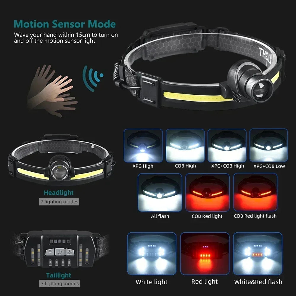 Super Bright XPG+COB Flood Sensing Headlight Type-C Charging Outdoor Zoom Fishing Hiking Lighting Headworn Flashlight