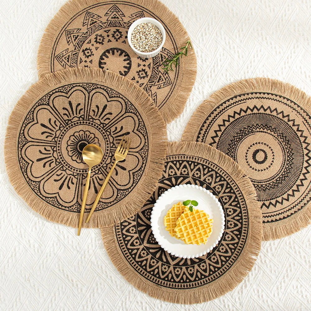 Hemasa Set of 4  Boho Style Woven Jute Cotton Round Placemat Exquisite Embroidery Tassels Table Mat Pad/ Tableware Coaster/ Party Decoration
