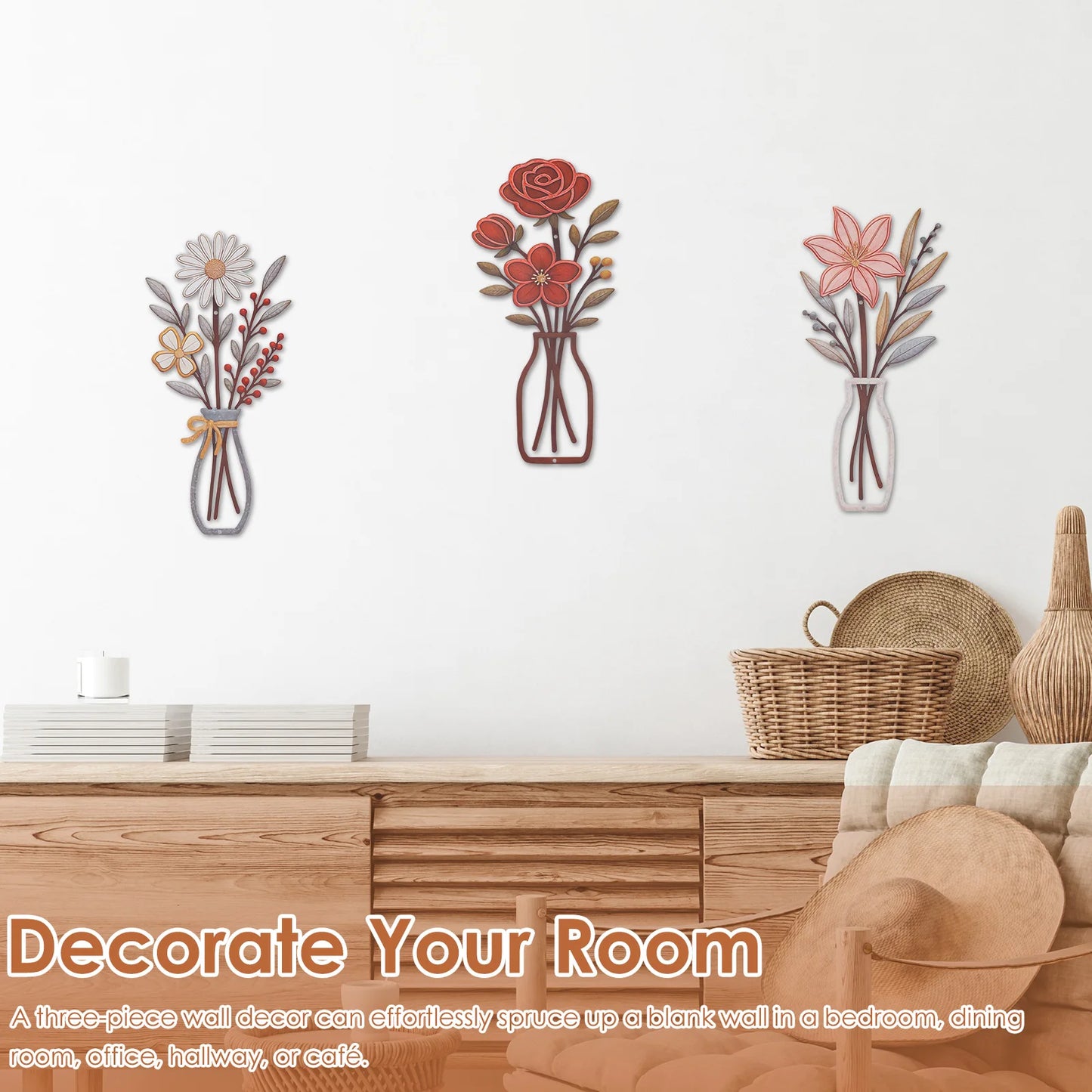 3Pcs Flower Silhouette Painting Wall Decal Decor Metal Flowers Wall Arts Minimalist Rustic Farmhouse Decor Bathroom Wall Decor