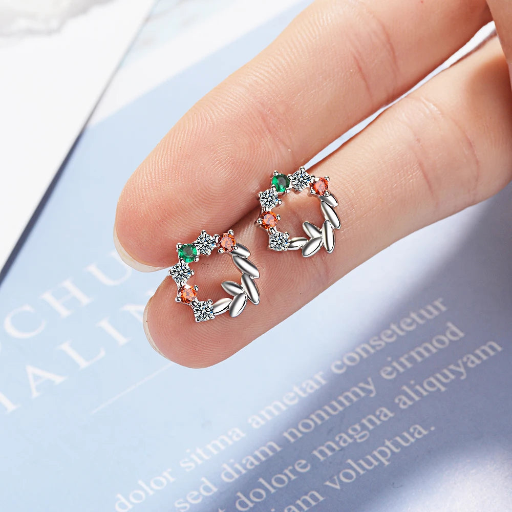 Real 925 Sterling Silver Zircon Round Crystal Leaves Stud Earrings Gold Color Fine Jewelry For Women Accessories