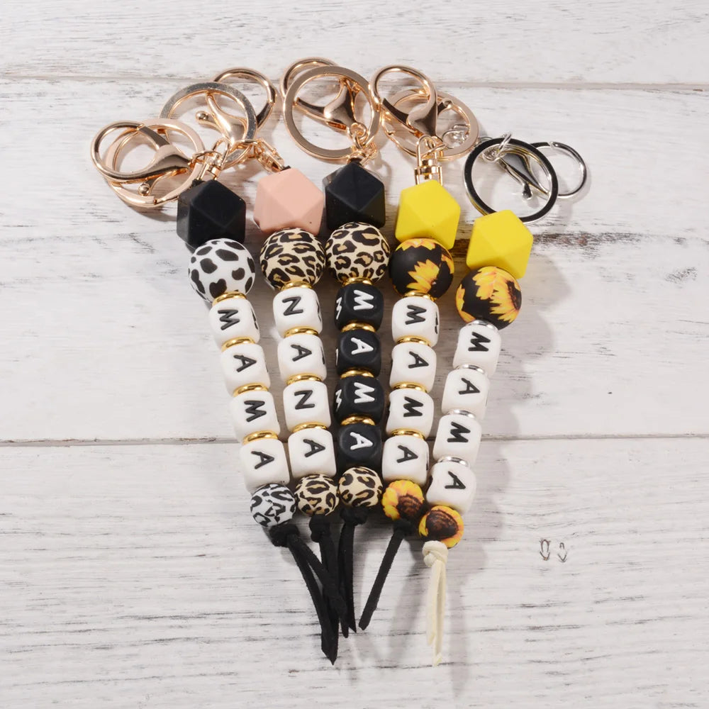 Hemasa  Leopard Print Silicone Beads Keychain Key Ring Sunflower Tassel Pendant Mom Charm Mother's Day Gifts Accessories