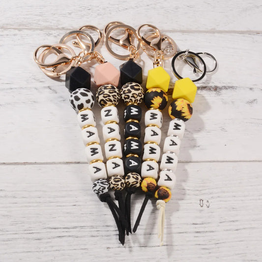 Hemasa  Leopard Print Silicone Beads Keychain Key Ring Sunflower Tassel Pendant Mom Charm Mother's Day Gifts Accessories