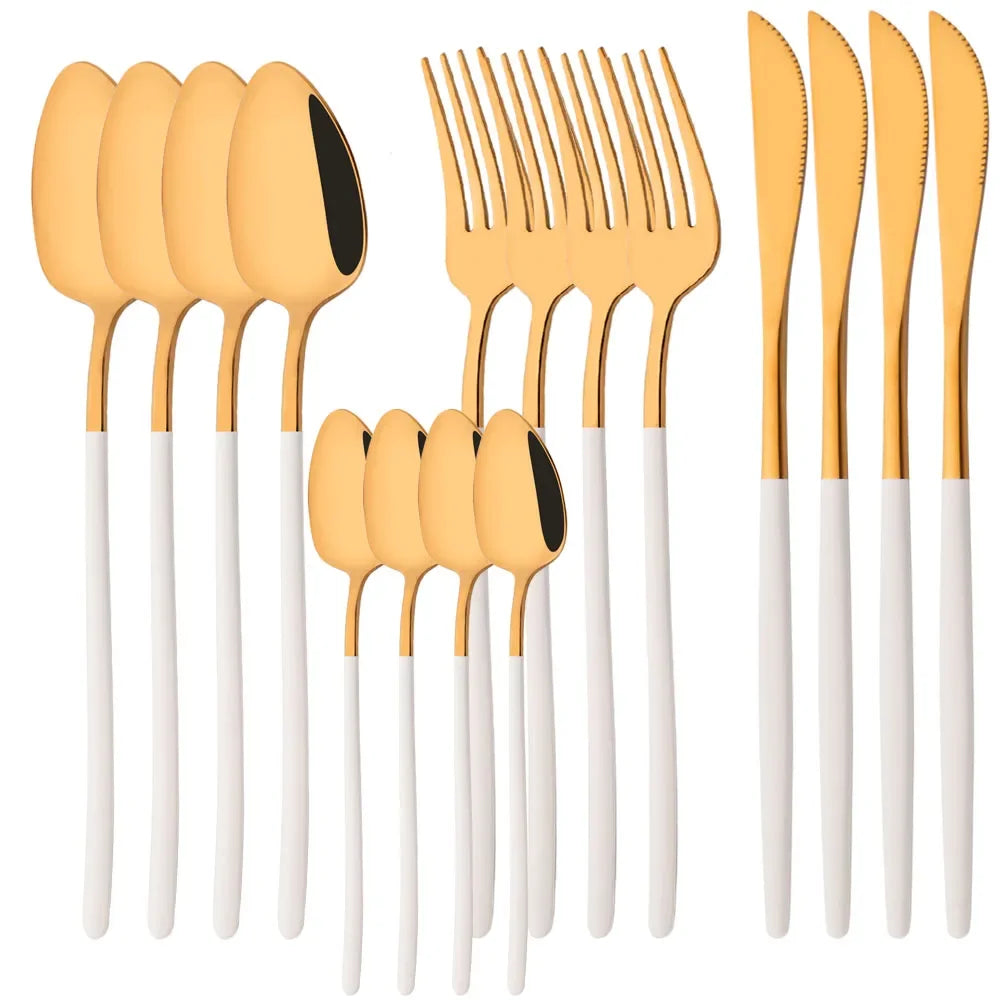 Hemasa 16Pcs Gold Dinnerware Stainless Steel Cutlery Set Knife Fork Tea Spoon Dinner Flatware Set Kitchen Silverware Tableware
