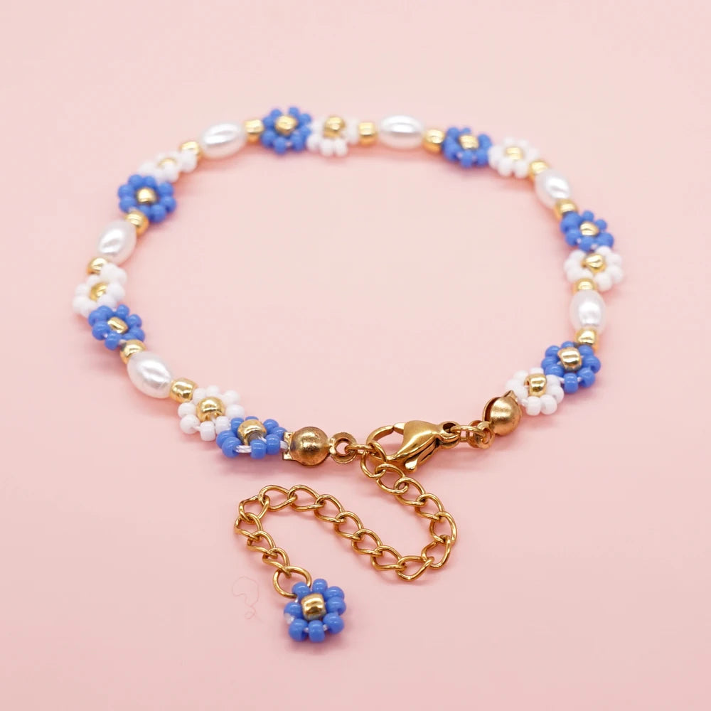 Hemasa Adjustable Stainless Steel Charm Flowers Beads  Bracelet  for Women /Girls
