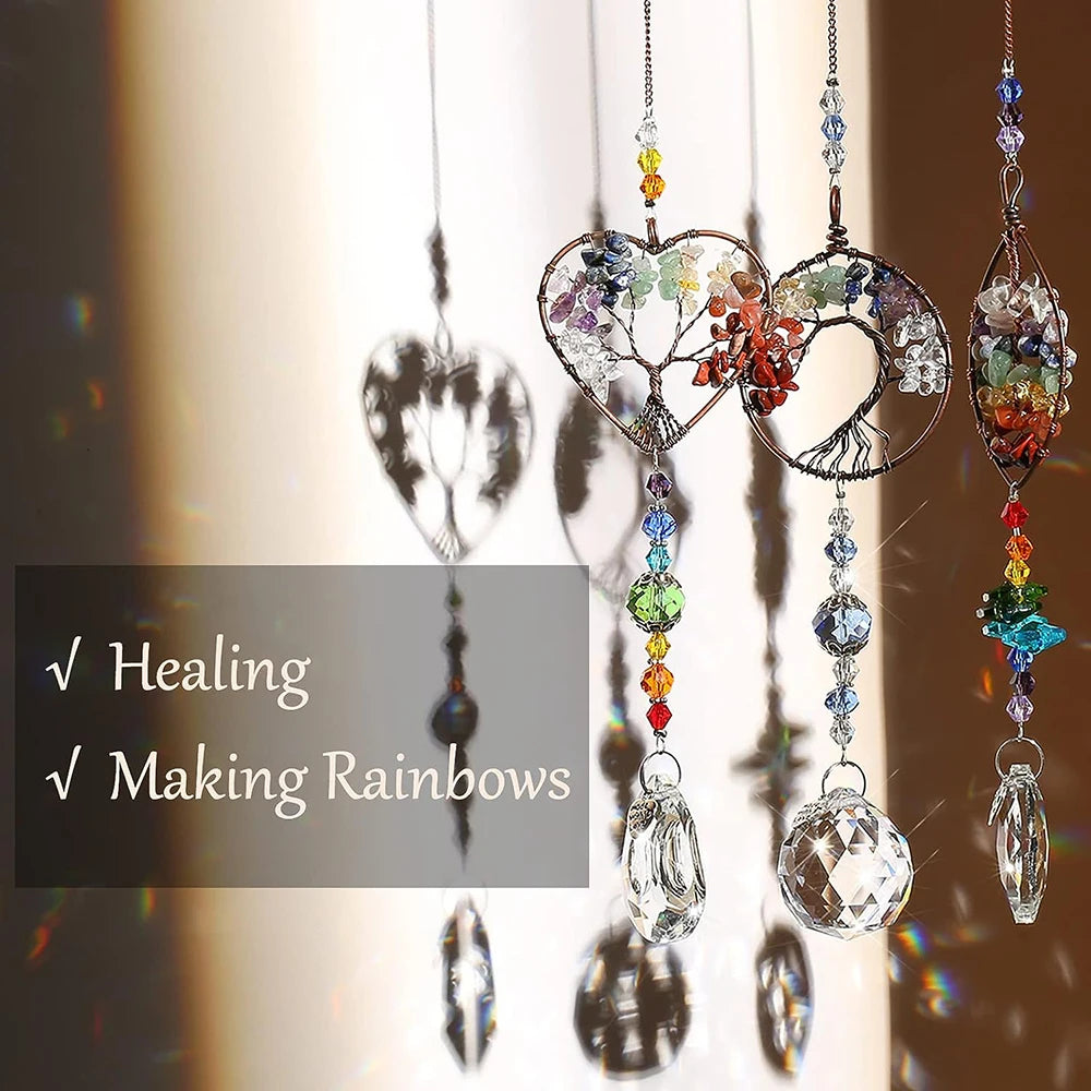 Crystal Sun Catcher Indoor Windows Hanging Tree of Life Rainbow Maker Drop Prisms Healing Chakra Decor for Window Home Car Gifts