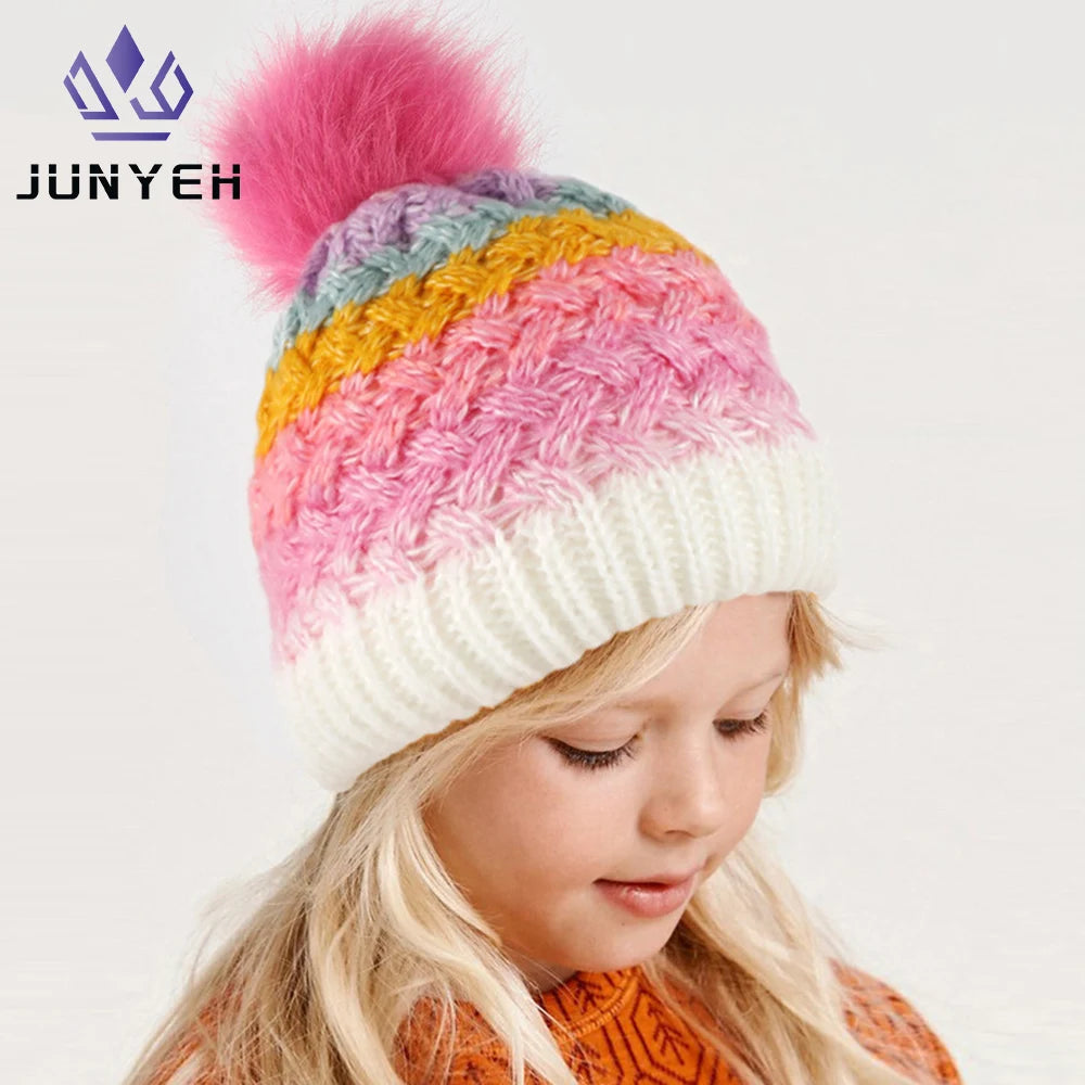 Winter Knitted Hat Children's Inner Velvet Color Matching Woolen Caps Boys Girls All Match Ear Protection Beanie Hats For Kids