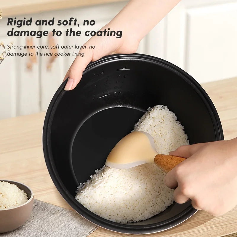 Hemasa 1Pc Silicone Wooden Handle Rice Spoon High Temperature Resistant Non Stick Rice Spoon