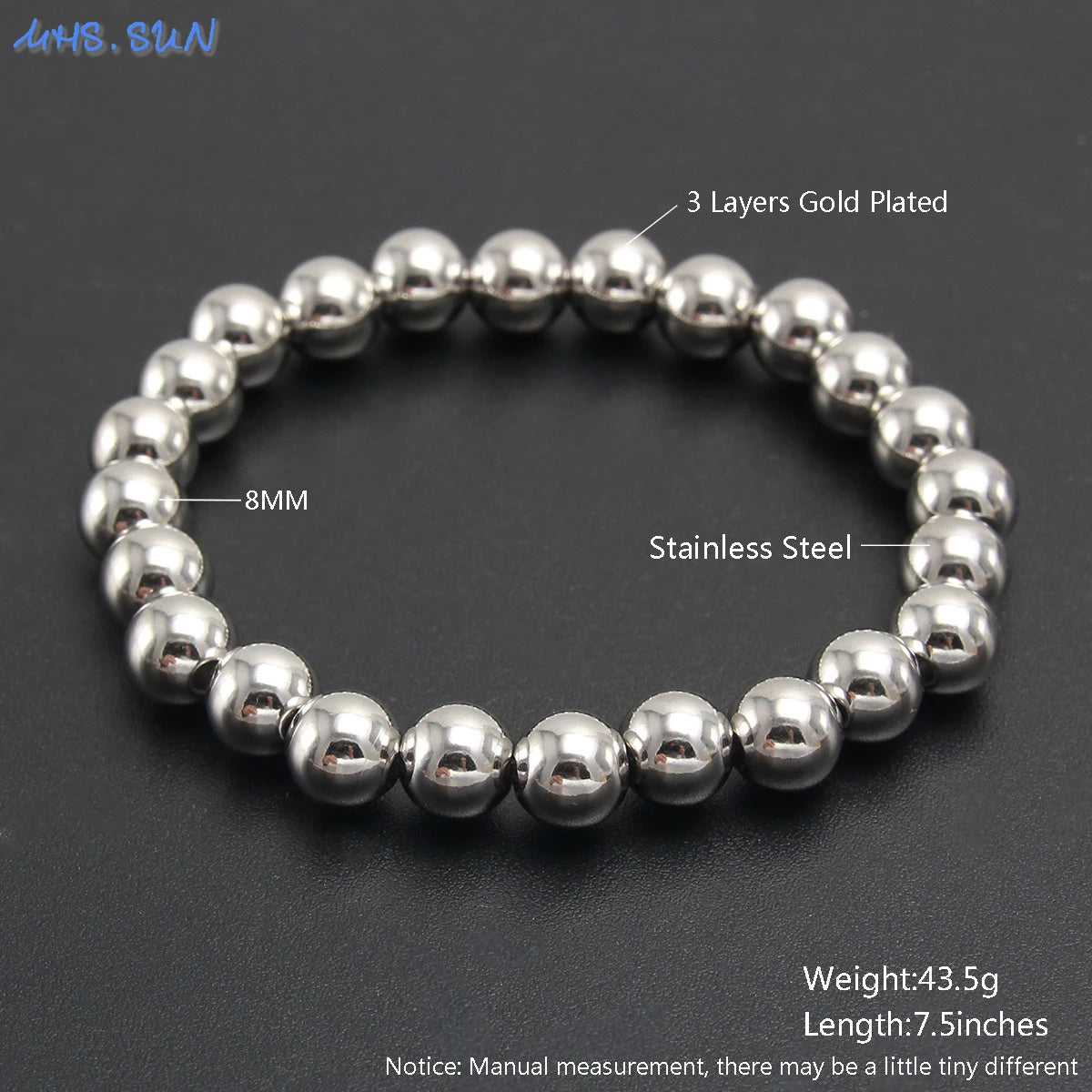 MHS.SUN Fashion Waterproof Smooth Stainless Steel Bracelets 2-10mm Elastic Beaded Gold Plated Stackable Bracelet Women Jewelry