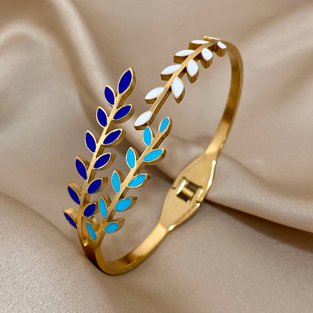 Fashion Colorful Enamel Leaves Bracelet Bangle for Women Charm 316L Stainless Steel Gold Color Bracelets Waterproof Jewelry